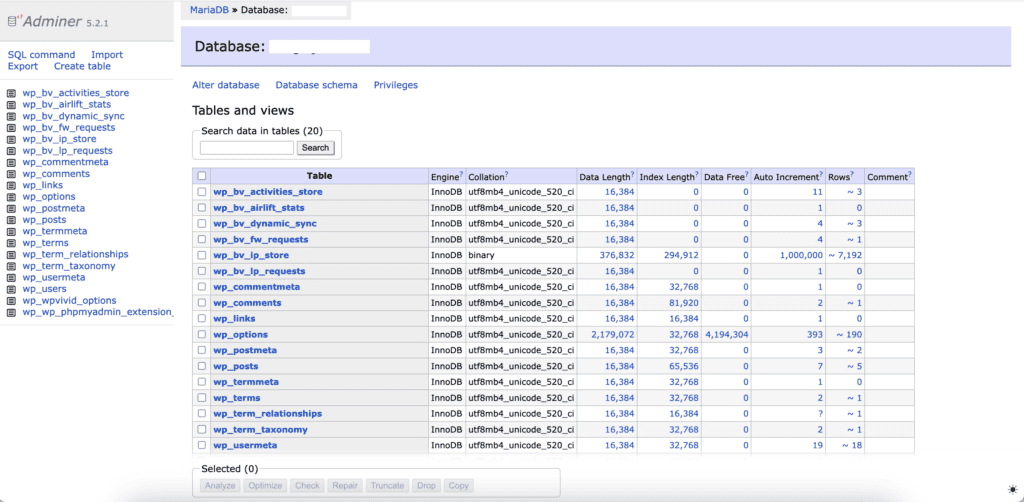 Database Manager – WP Adminer interface